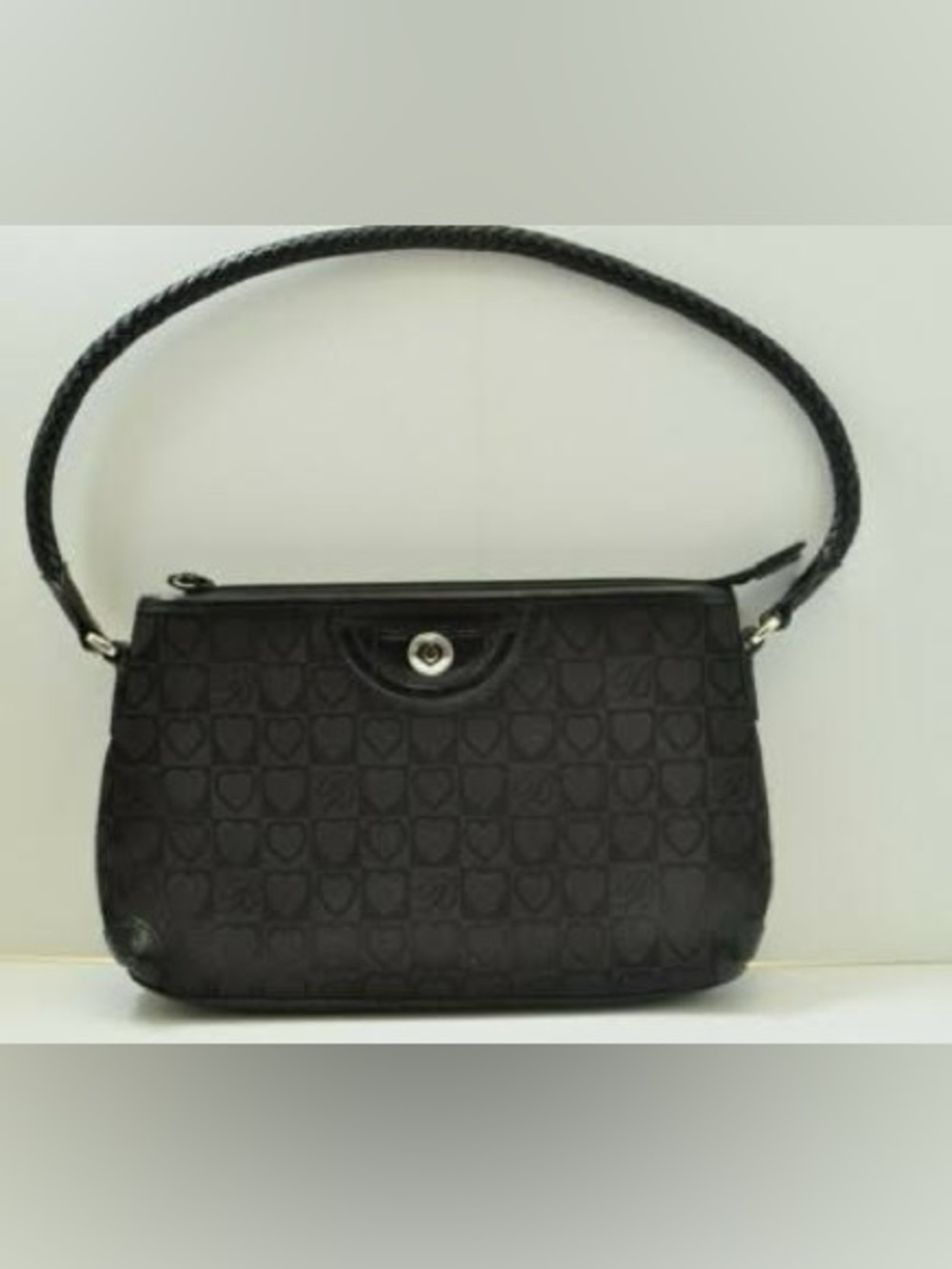 BRIGHTON BLACK PURSE, HEART DESIGN, ZIPPER CLOSURE WOVEN LEATHER HANDLE
